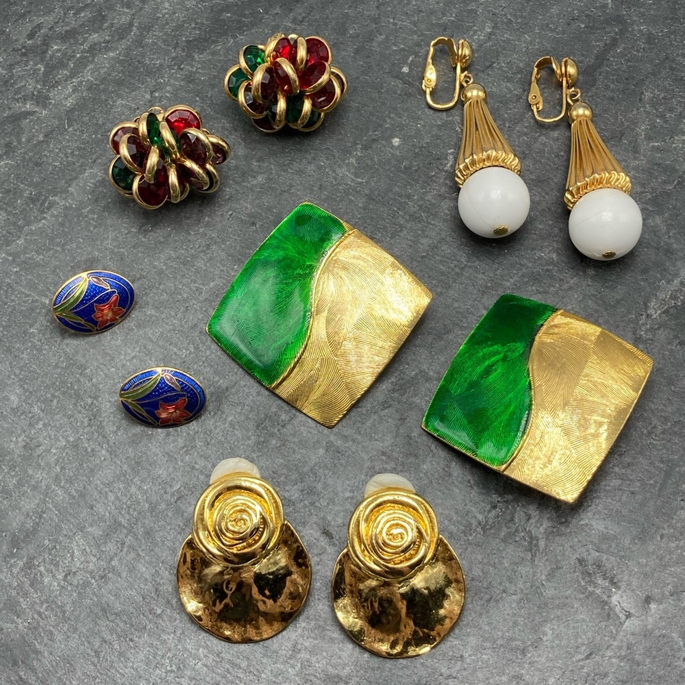 CLIP-ON Women’s Vintage Bundle 5x pairs earrings silver gold cloisonné